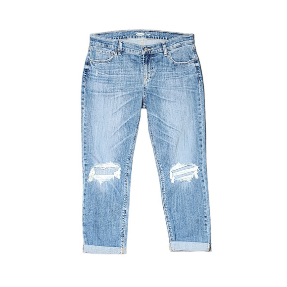 Old Navy Boyfriend Mid Rise Jeans Size 6 Petite Blue Denim Distressed - Picture 1 of 8